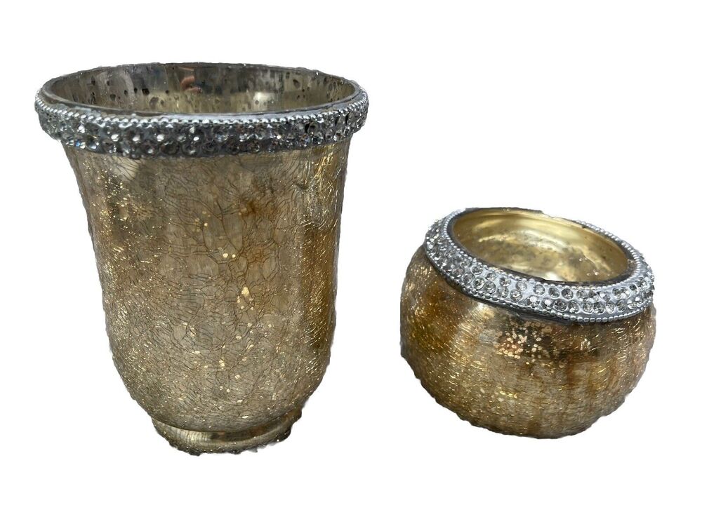 Crackle Gold Glass Tea Light Candle Holder Home Decoration Set Of 2